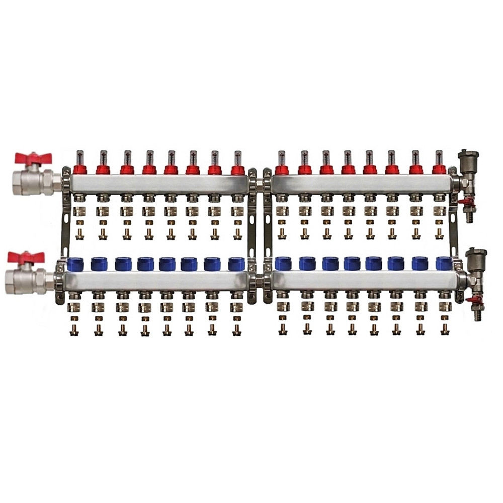 Set distribuitor 1" / 16 circuite cu conectori EK x 16 mm, robineti golire, aerisitoare automate si robineti cu olandez, Daver