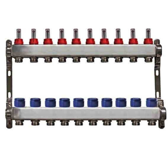 Distribuitor rectangular din  inox cu debitmetre, 1" / 10 circuite pentru incalzirea in pardoseala