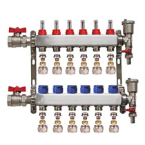 Set distribuitor 1" / 6 circuite cu conectori EK x 16 mm, robineti golire, aerisitoare automate si robineti cu olandez, Daver