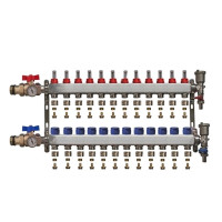 Distribuitor inox 1" / 12 circuite cu debitmetre, robineti cu termometru, kituri golire-aerisire automata si conectori EK-Ø16X2 mm